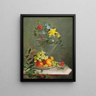 Circle of Franz Xavier Petter - Holly ivy grapes apples and oranges in a bowl by a vase of flowers including daffodils and phlox on a marble ledge.webp