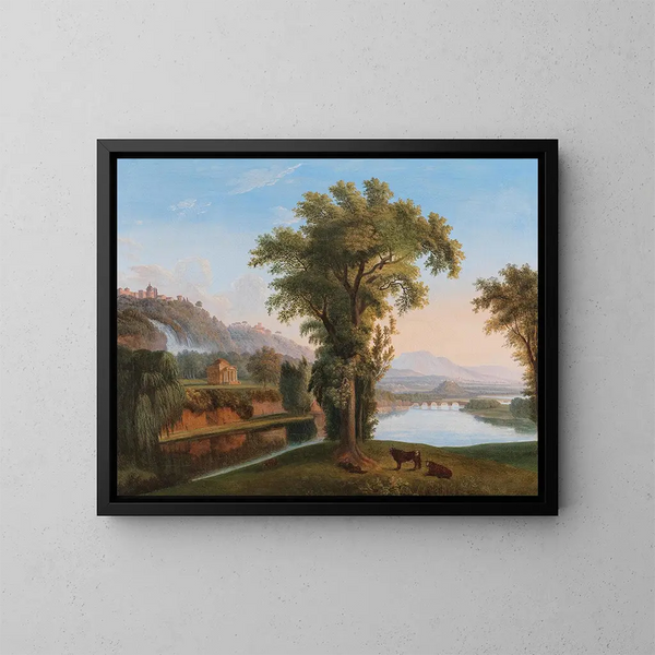 Un vasto paisaje con vista a las cataratas de Tivoli - Círculo de Jacob Philipp Hackert — cuadro enmarcado en la pared