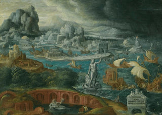 Circle of Maarten van Heemskerck - Classical Landscape With Ships Running Before A Storm Towards A Classical Harbour.webp