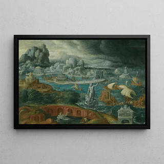 Circle of Maarten van Heemskerck - Classical Landscape With Ships Running Before A Storm Towards A Classical Harbour.webp
