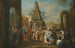 Escena callejera con artistas de la Commedia dell'arte y músicos reunidos alrededor de dos marionetas, un obelisco al fondo - Círculo de Marco Marcola — vista de la obra