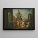 Escena callejera con artistas de la Commedia dell'arte y músicos reunidos alrededor de dos marionetas, un obelisco al fondo - Círculo de Marco Marcola — cuadro enmarcado en la pared
