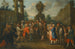 Escena callejera con artistas de la Commedia dell'arte reunidos alrededor de un mono, una urna al fondo - Círculo de Marco Marcola — vista de la obra