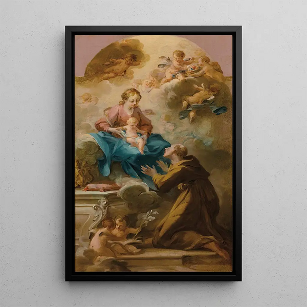 La Virgen y el Niño apareciendo a un santo franciscano - Círculo de Michel-François Dandré-Bardon — cuadro enmarcado en la pared