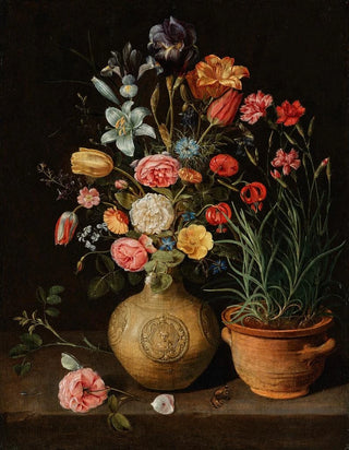 Clara Peeters - Roses lilies an iris and other flowers in an earthenware vase with a pot of carnations and a butterfly on a ledge.webp