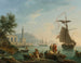 Una escena mediterránea al atardecer con pescadores junto al agua, un faro y un buque de guerra anclado en la bahía - Claude-Joseph Vernet — vista de la obra