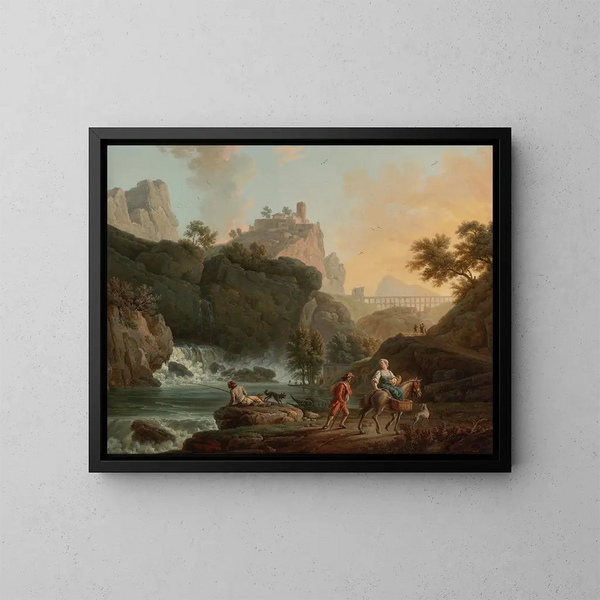a rocky landscape with a fisherman and travelers near a river with a waterfall and an aqueduct in the distance - Claude-Joseph Vernet — framed artwork on a wall
