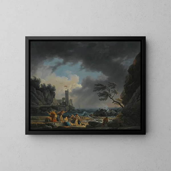 a stormy coastal scene with figures on a beach who have escaped a shipwreck - Claude-Joseph Vernet — framed artwork on a wall