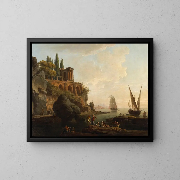 an imaginary landscape, Italian port scene - Claude-Joseph Vernet — framed artwork on a wall