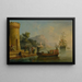 Vista de un puerto mediterráneo con un grupo de figuras junto al agua, un gran barco al fondo - Claude-Joseph Vernet — cuadro enmarcado en la pared