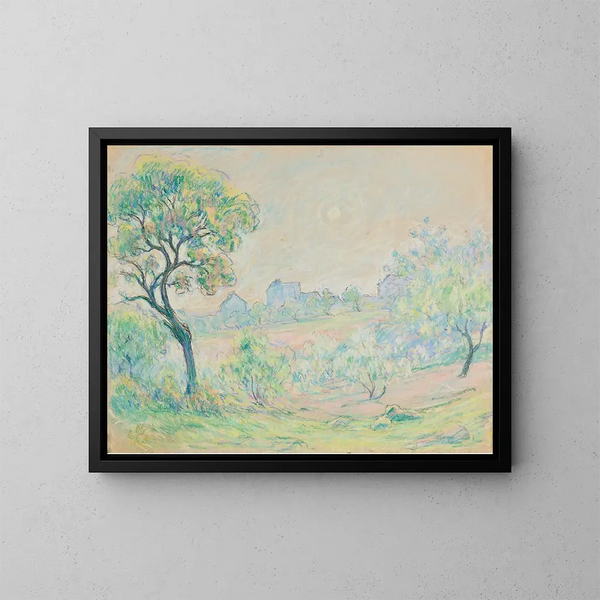 Landscape painting with houses in the background - Claude-Émile Schuffenecker — framed artwork on a wall