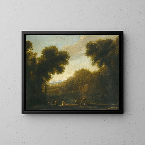 Un paisaje fluvial con viajeros en la orilla - Claude Lorrain — cuadro enmarcado en la pared