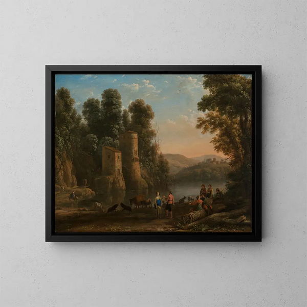 Paisaje con pastores. La danza junto al agua - Claude Lorrain — cuadro enmarcado en la pared