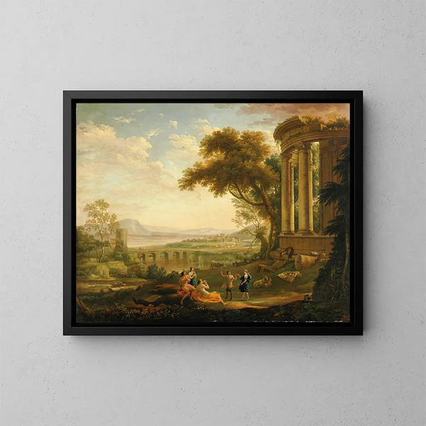 Paisaje con sátiro y ninfa - Claude Lorrain — cuadro enmarcado en la pared