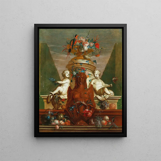 Coenraet Roepel - An elaborate fountain with fruit flowers and a parrot.webp