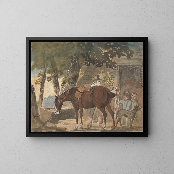 a horse, a dog, and characters in front of a cottage - Conrad Gessner — framed artwork on a wall