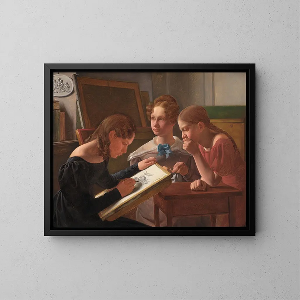 Tres jóvenes artistas, las hermanas artistas Alvilde, Ida y Henriette - Constantin Hansen — cuadro enmarcado en la pared