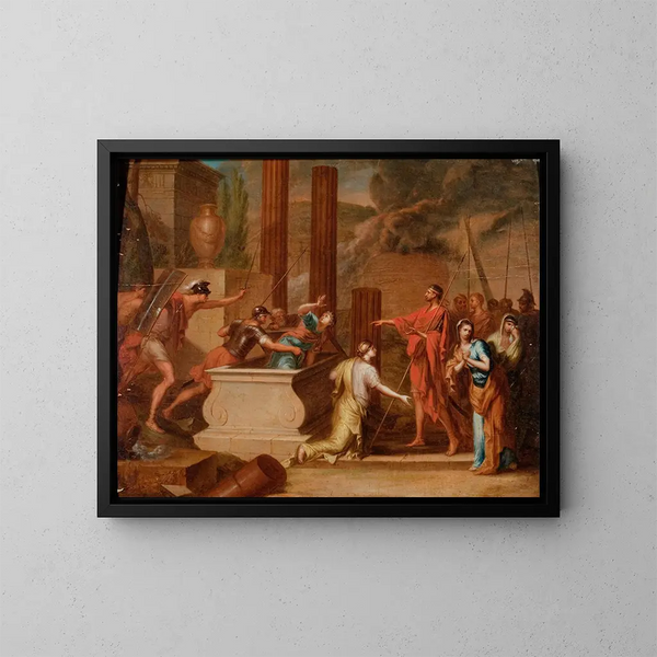 Mythological scene painting of a tomb in a landscape with classical ruins - Continental School — framed artwork on a wall