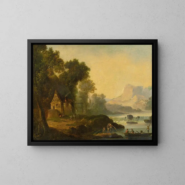 River landscape with figures - Continental School — framed artwork on a wall