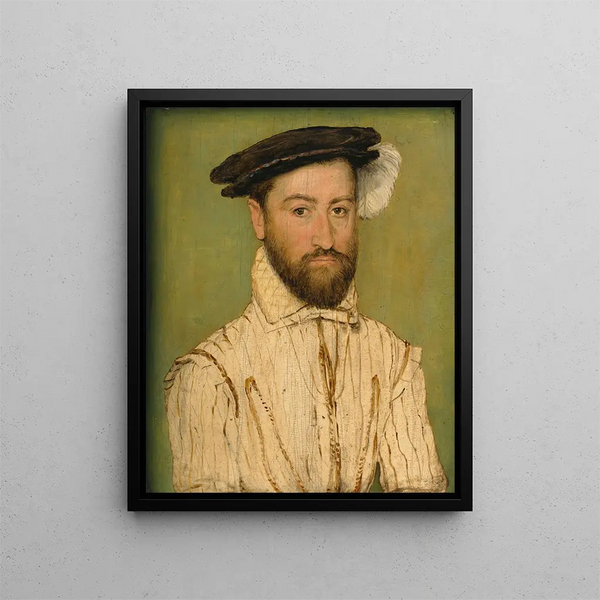 Retrato de un caballero barbudo con boina negra y plumas blancas - Corneille de Lyon — cuadro enmarcado en la pared