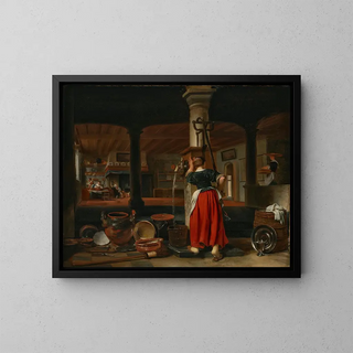 Cornelis Bisschop - A maid pumping water in a kitchen interior.webp
