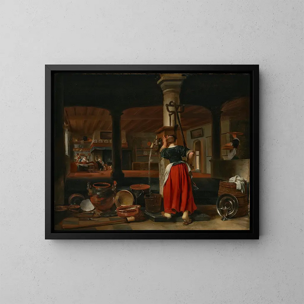 Una sirvienta bombeando agua en un interior de cocina - Cornelis Bisschop — cuadro enmarcado en la pared