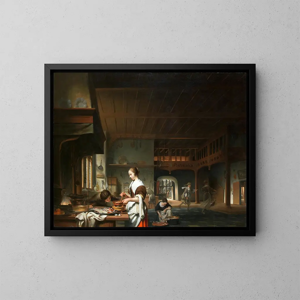 interior de cocina con una mujer cocinando - Cornelis Bisschop — cuadro enmarcado en la pared