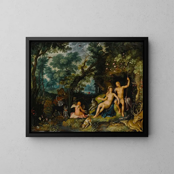 Venus and Adonis resting in a vast landscape with Cupid, hunting dogs, and their prey - Cornelis Cornelisz van Haarlem — framed artwork on a wall