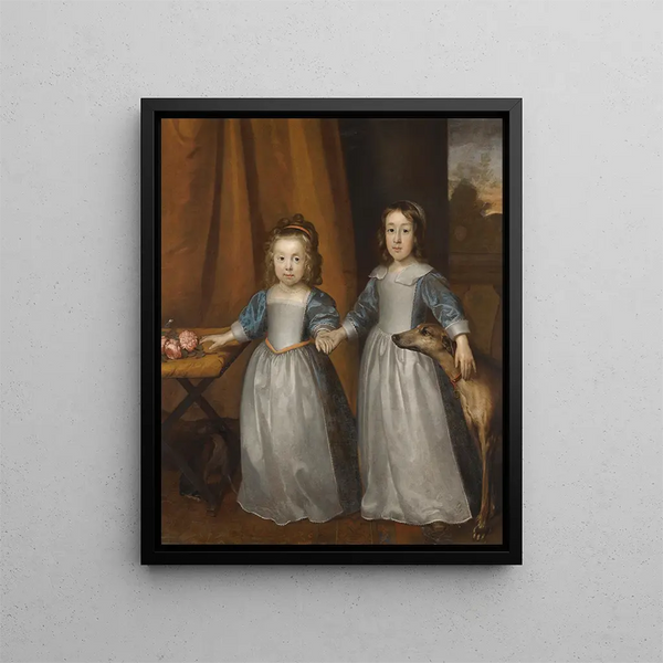 Portrait of Two Young Girls on a Terrace with Two Dogs, a Landscape Beyond - Cornelis Jonson van Ceulen — framed artwork on a wall