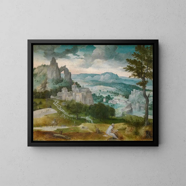 Paisaje con san Jerónimo - Cornelis Massijs — cuadro enmarcado en la pared