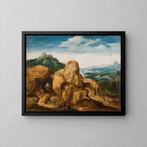 Paisaje con la Huida a Egipto - Cornelis Massijs — cuadro enmarcado en la pared