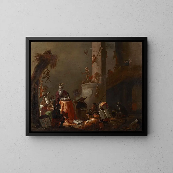 Colegio de los animales - Cornelis Saftleven — cuadro enmarcado en la pared