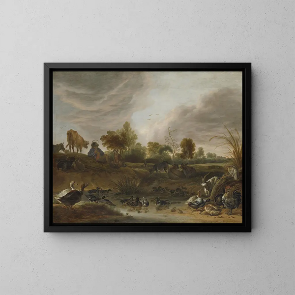 Paisaje con animales - Cornelis Saftleven — cuadro enmarcado en la pared