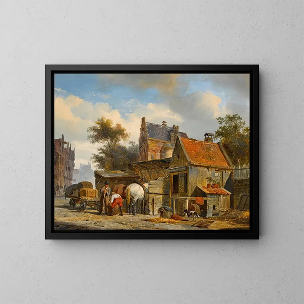 Una escena callejera con un herrero en trabajo - Cornelis Springer — cuadro enmarcado en la pared