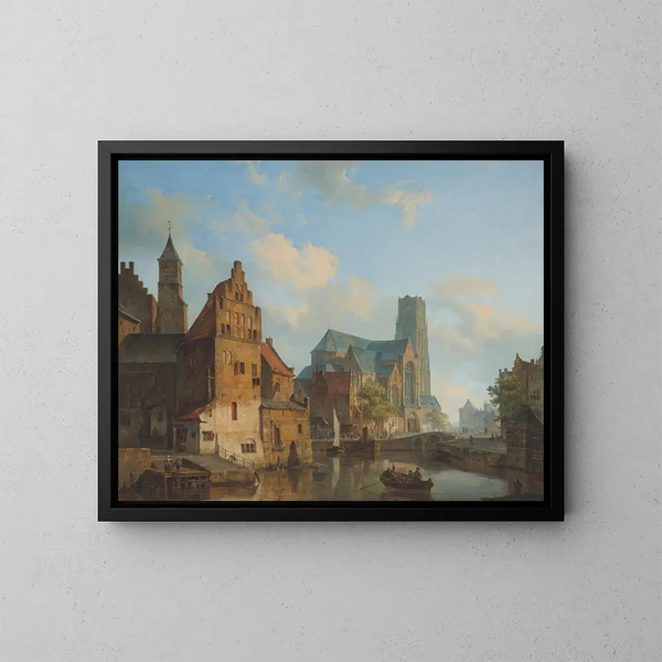 Una vista del Delftse Vaart y de la iglesia Saint-Laurent de Róterdam - Cornelis Springer — cuadro enmarcado en la pared