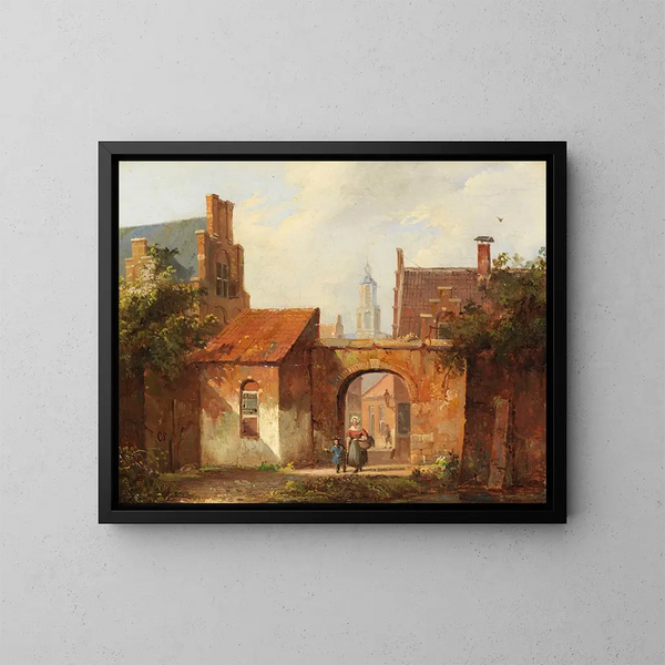 Pequeño pueblo holandés con arco de triunfo - Cornelis Springer — cuadro enmarcado en la pared