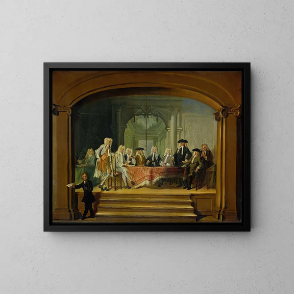 Los regentes del orfanato Aalmoezeniersweeshuis de Ámsterdam 1729 - Cornelis Troost — cuadro enmarcado en la pared