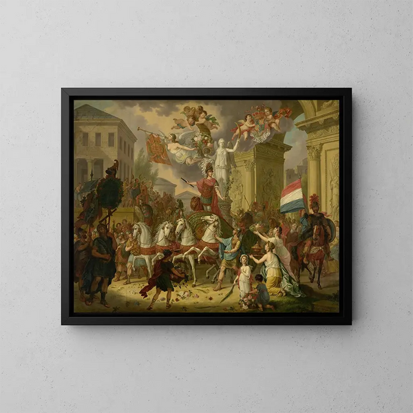 la alegoría de la procesión triunfal del príncipe de Orange, el futuro rey Guillermo II, como héroe de Waterloo 1815 - Cornelis Van Cuylenburgh II — cuadro enmarcado en la pared