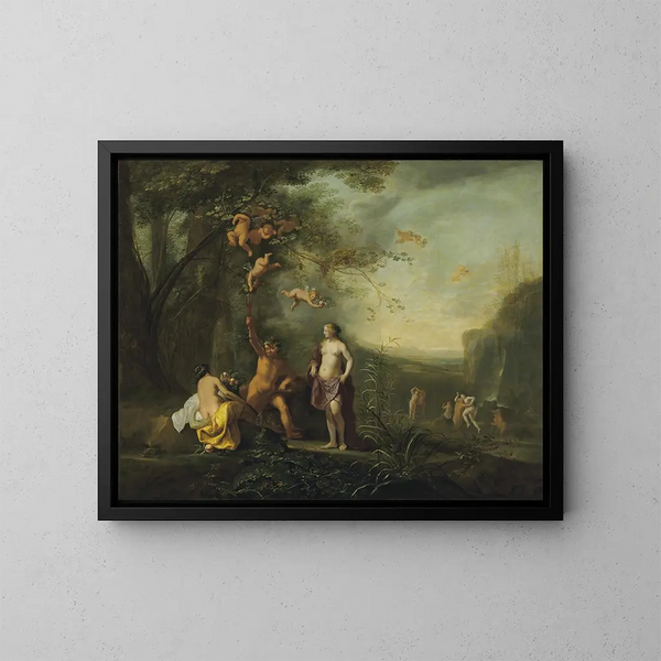 Bacchus, Venus y Ceres bajo una vid en un paisaje pastoral con putti, ninfas y sátiros - Cornelis van Poelenburch — cuadro enmarcado en la pared