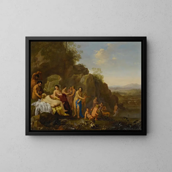 Diane y sus ninfas en un paisaje con los despojos de la caza - Cornelis van Poelenburch — cuadro enmarcado en la pared