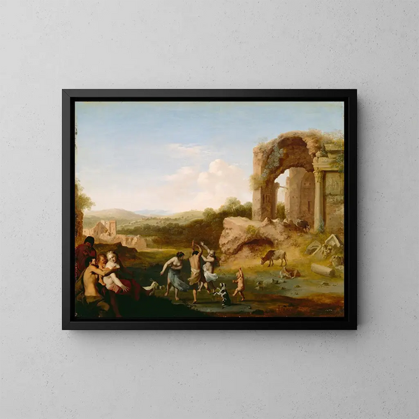 Figuras danzantes cerca de una ruina - Cornelis van Poelenburch — cuadro enmarcado en la pared