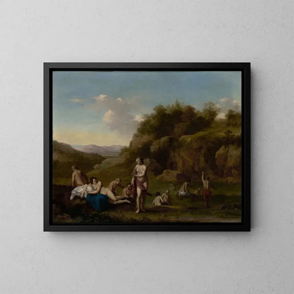 Paisaje con desnudos bañándose - Cornelis van Poelenburch — cuadro enmarcado en la pared