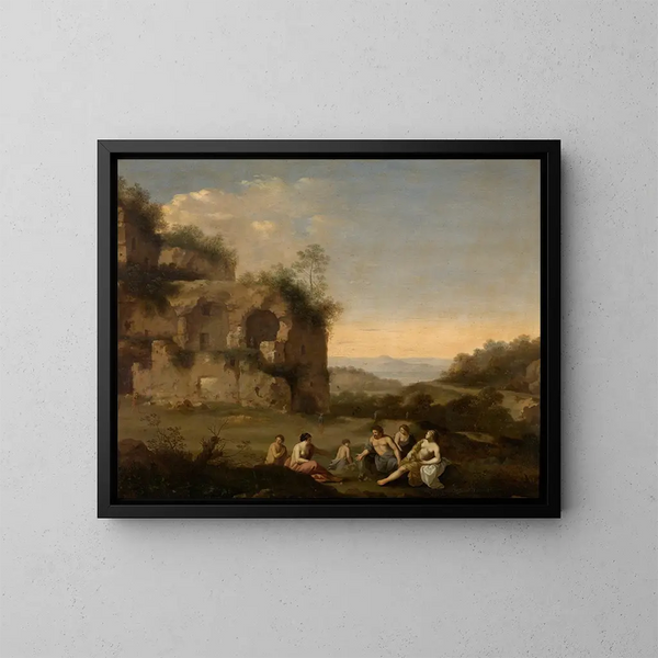 Paisaje con una ruina - Cornelis van Poelenburch — cuadro enmarcado en la pared