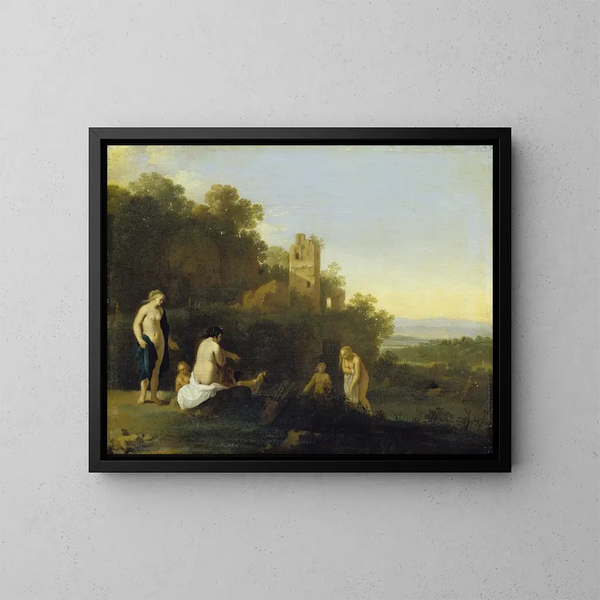 Paisaje con el descubrimiento del embarazo de Calisto - Cornelis van Poelenburch — cuadro enmarcado en la pared