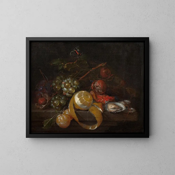 Composición con un limón, uvas y ostras - Cornelis de Heem — cuadro enmarcado en la pared