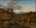 paisaje de montaña italiano con Abraham e Isaac en camino hacia el sacrificio - Cornelis van Poelenburg — vista de la obra
