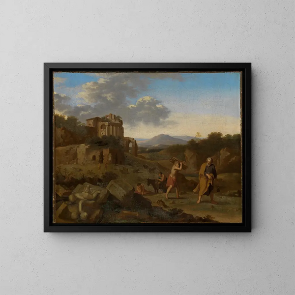 paisaje de montaña italiano con Abraham e Isaac en camino hacia el sacrificio - Cornelis van Poelenburg — cuadro enmarcado en la pared