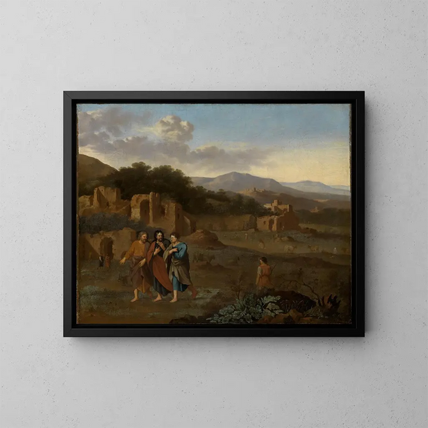 Paisaje de montaña italiano con el Cristo y los dos discípulos en camino a Emaús - Cornelis van Poelenburg — cuadro enmarcado en la pared