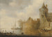 paisaje fluvial con una torre y edificios de pueblo detrás de un muro - Cornelis van der Schalcke — vista de la obra