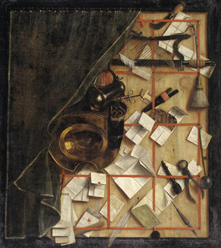 Cornelius Norbertus Gijsbrechts - Trompe Loeil Letter Rack With A BarberSurgeons Instruments.webp